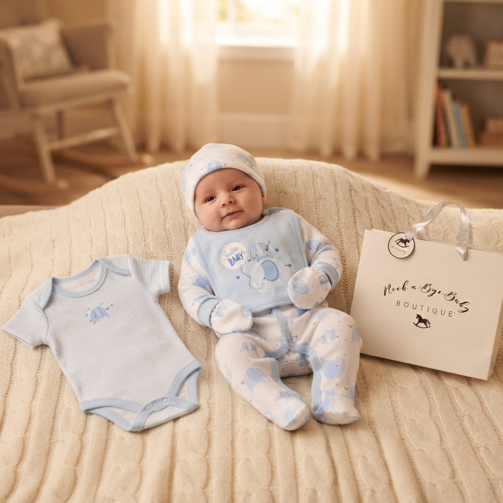 H15091: Baby Boys Elephant 6 Piece Mesh Bag Gift Set (NB-6 Months) H15091: Baby Boys Elephant 6 Piece Mesh Bag Gift Set (NB-6 Months)